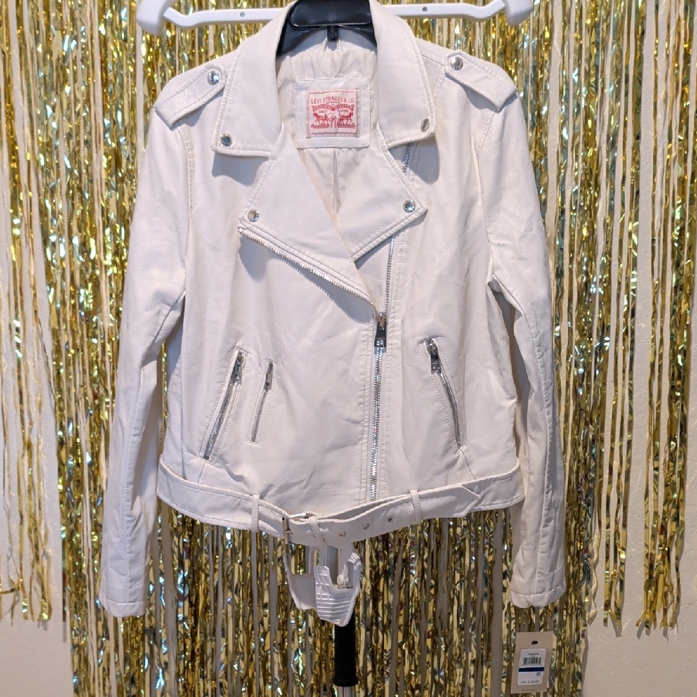 Women's White Leather like Biker Jacket